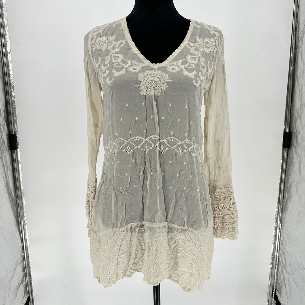 Johnny Was Ivory Lace‎ Sheer Floral Embroidered Tunic Top XS Boho Rayon